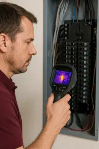 Infrared thermal inspector scanning electrical panel in San Antonio TX for overheating