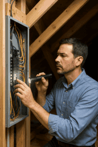 San Antonio TX inspector checking wiring during builder warranty inspection