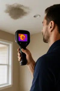 Thermal camera detecting water damage in ceiling during San Antonio infrared inspection