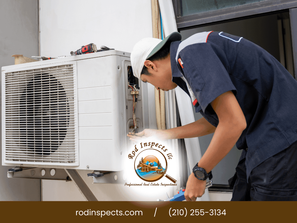 Home inspector evaluating outdoor air conditioning unit during HVAC inspection in San Antonio TX