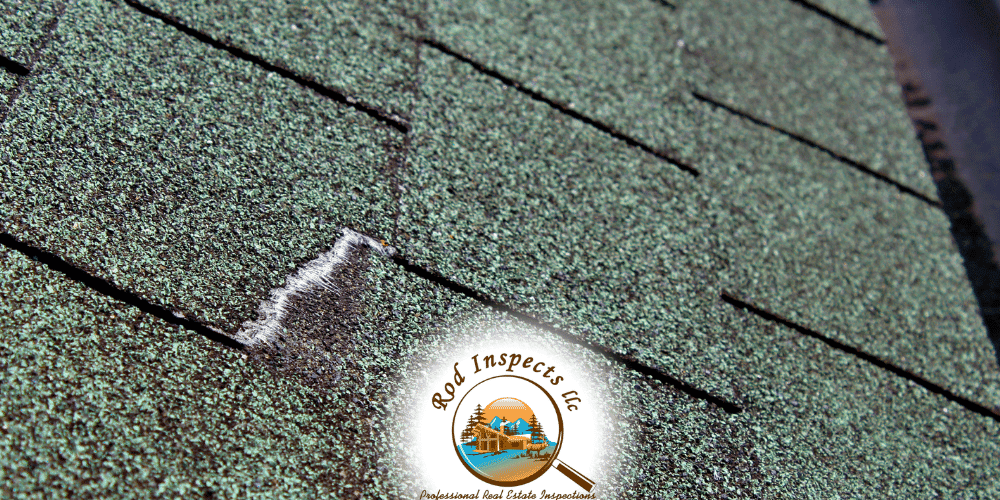 Close-up of lifted asphalt roof shingle showing potential wind damage identified during a home inspection in San Antonio TX by Rod Inspects