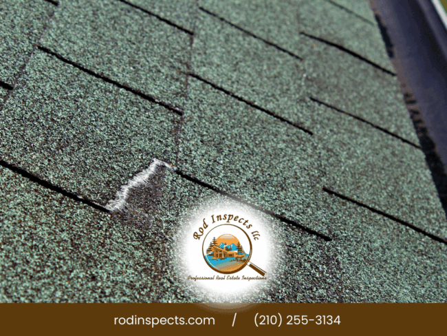 Close-up of lifted asphalt roof shingle showing potential wind damage identified during a home inspection in San Antonio TX by Rod Inspects