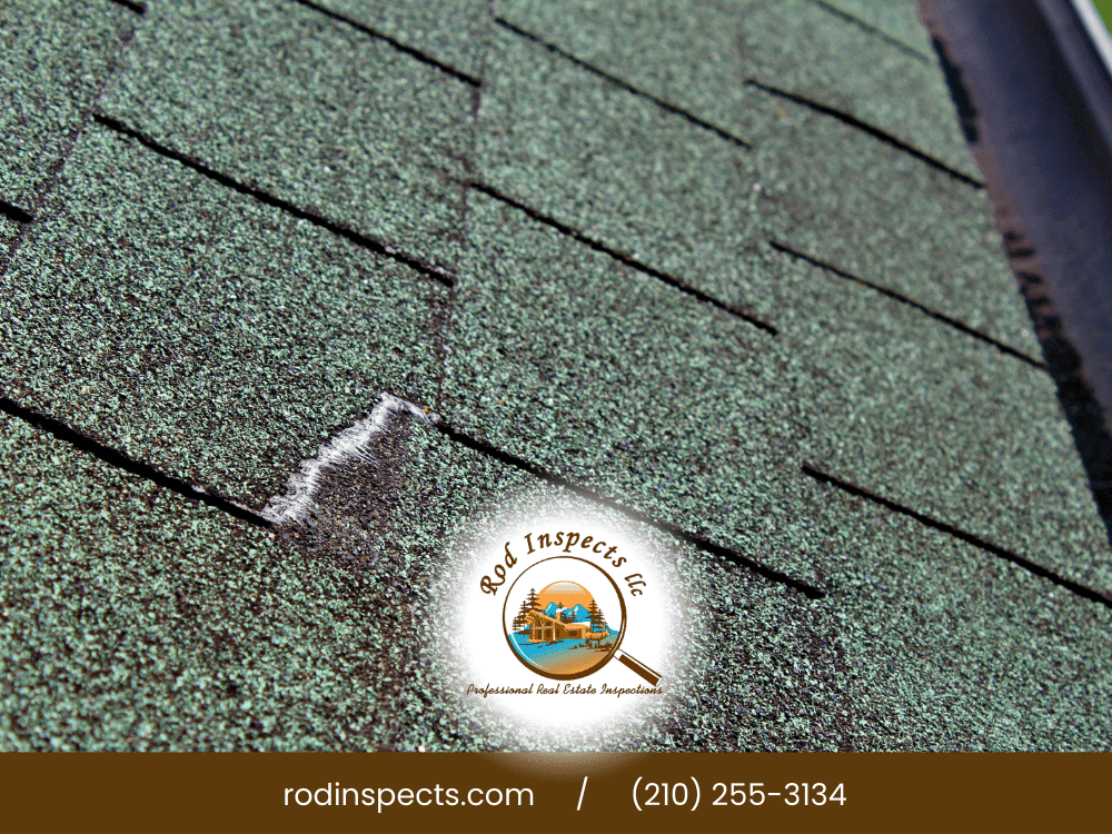 Close-up of lifted asphalt roof shingle showing potential wind damage identified during a home inspection in San Antonio TX by Rod Inspects
