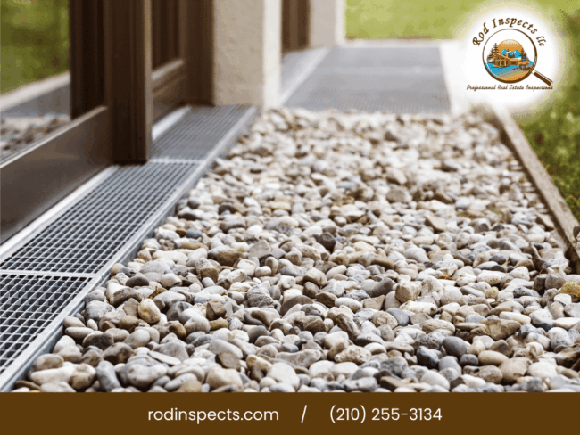 Gravel and drainage system outside a home inspected by Rod Inspects in San Antonio TX for foundation and water management