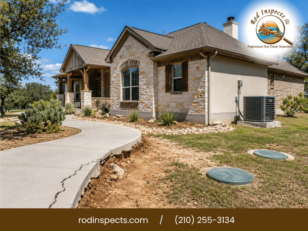 Exterior of a San Antonio TX home showing foundation, grading, and landscaping inspected by Rod Inspects for drainage and water intrusion issues