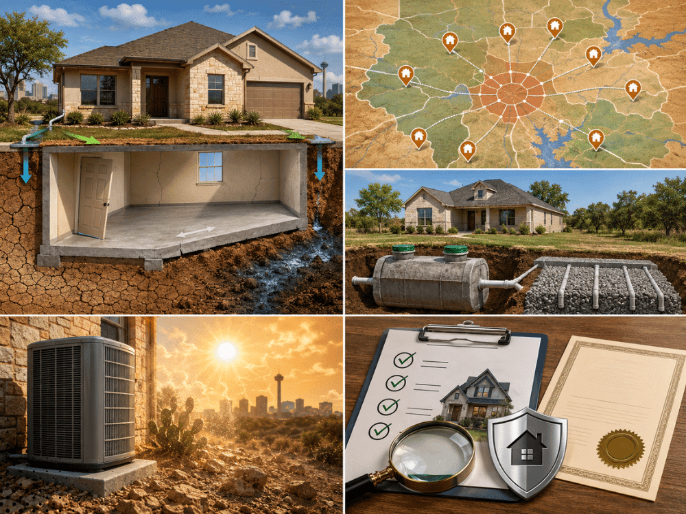 Collage of San Antonio TX home inspections showing foundation, drainage, HVAC, and septic evaluation by Rod Inspects for buyer protection
