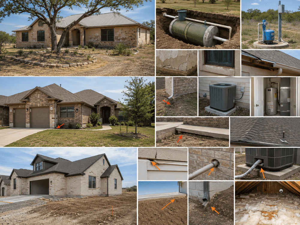 Home inspection findings in Cibolo TX showing drainage, septic, HVAC, roofing, foundation, and exterior components