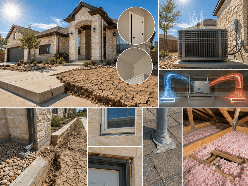 Cibolo TX home inspection checklist showing foundation movement, HVAC system, drainage, attic insulation, and exterior evaluation areas