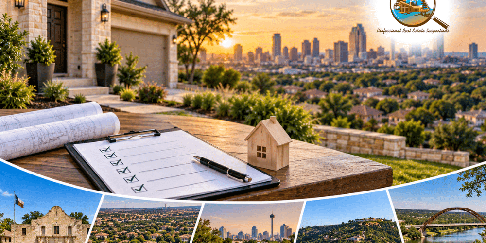 San Antonio TX home inspection planning scene with residential property, inspection checklist, and local San Antonio area views.