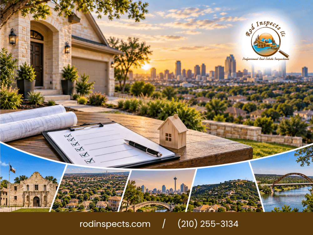San Antonio TX home inspection planning scene with residential property, inspection checklist, and local San Antonio area views.