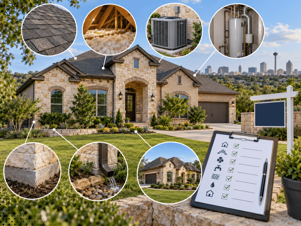 San Antonio TX home inspection overview showing a residential property with roof, attic insulation, HVAC, foundation, drainage, and exterior components