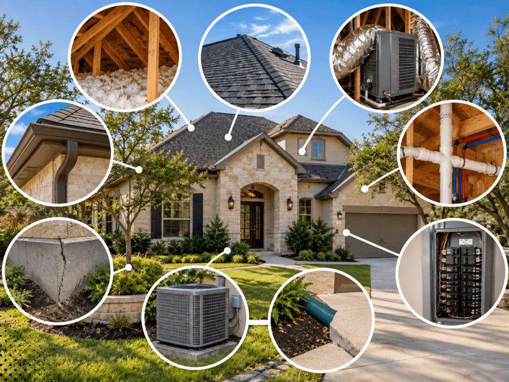 San Antonio TX home inspection showing roof, attic insulation, HVAC, plumbing, electrical panel, foundation, and drainage components